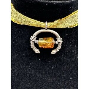Mexican Amber Pendant Sterling Silver Artisan Handcrafted Unique Twist Metal